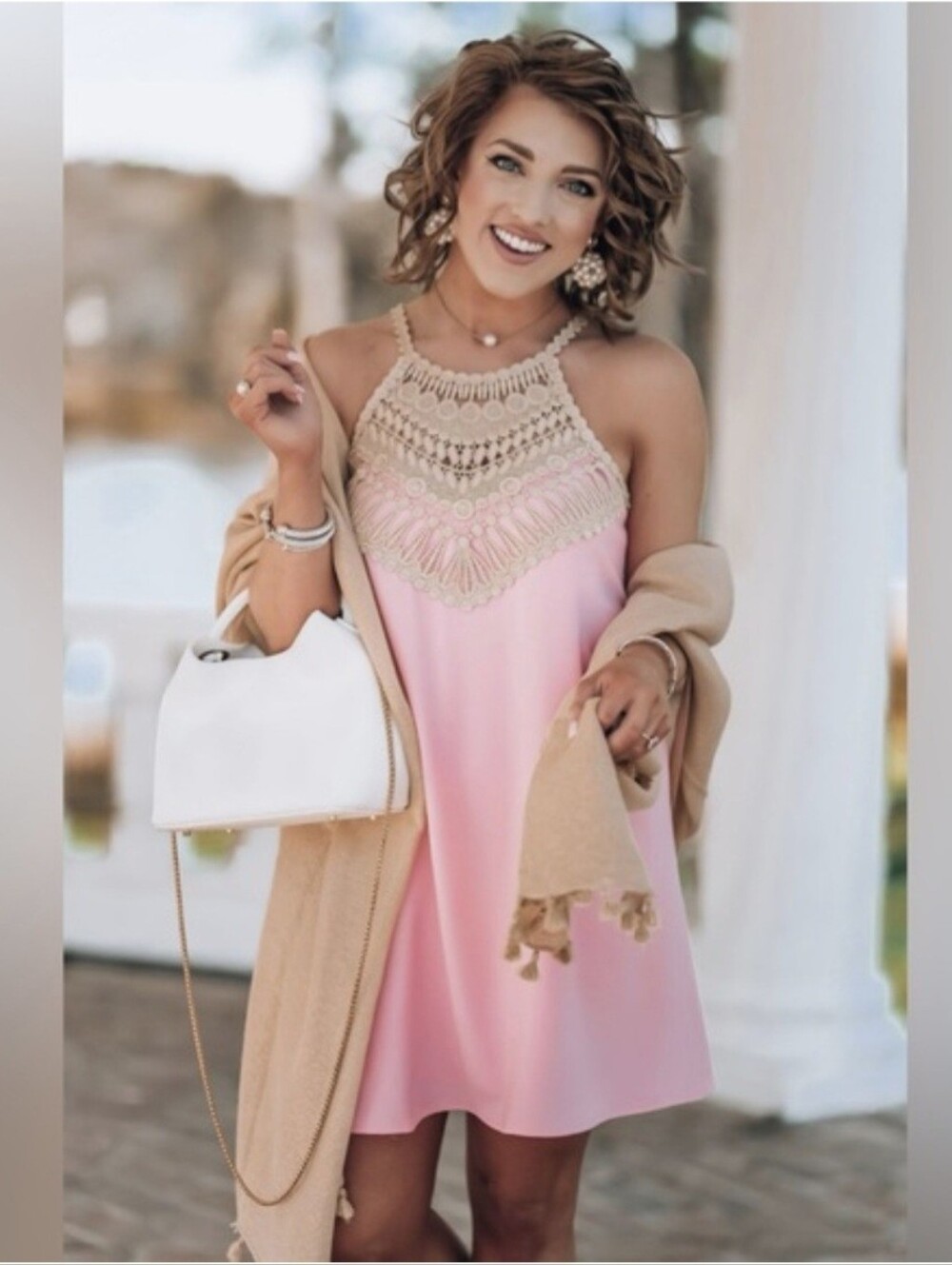 Lilly Pulitzer Pearl Shift Dress Pink Gold Embroidered Lace Halter Mini Sz  6